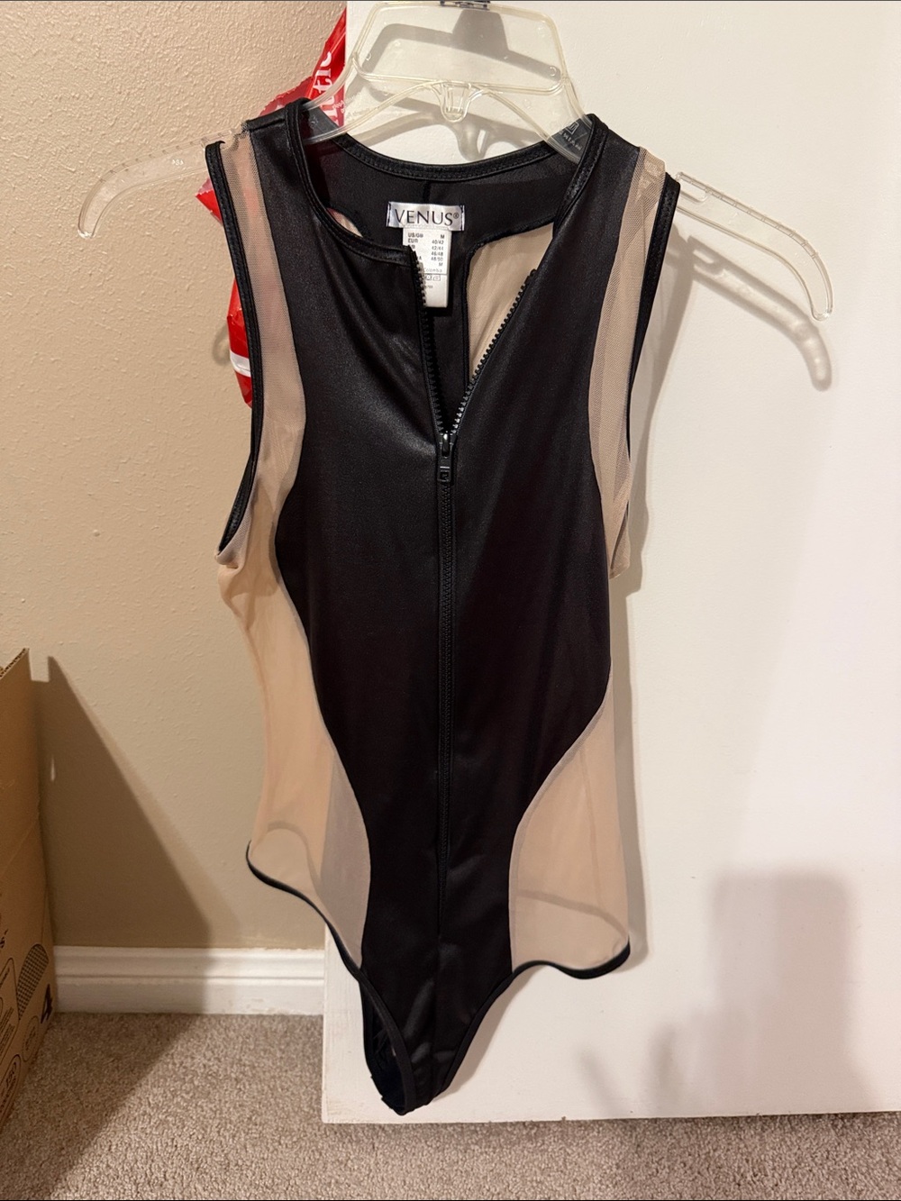 VENUS Black and Nude Mesh Zip-Front Sleeveless Bodysuit